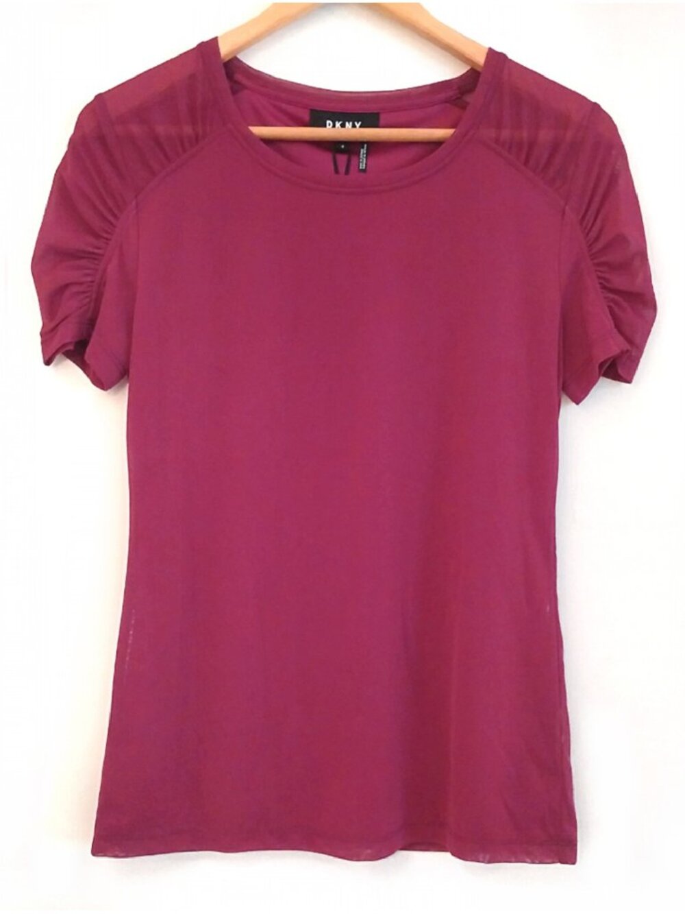 NWT DKNY Mesh Overlay Ruched Short Sleeve Top